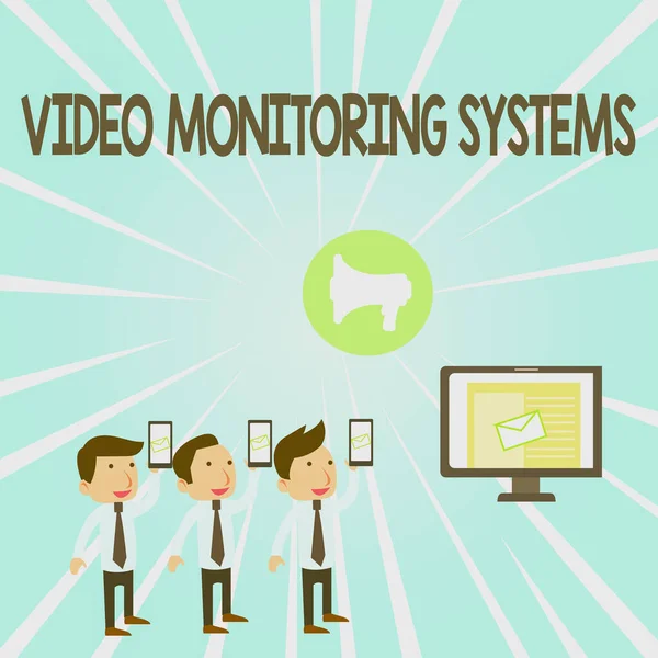 Handwriting text Video Monitoring Systems. Concept meaning Surveillance Transmit capture Image to Digital Link SMS Email Marketing Media Audience Attraction Personal Computer Loudspeaker. — Stock Photo, Image