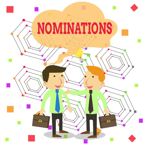 Writing note showing Nominations. Business photo showcasing the act of officially suggesting someone for a job or position Two White Businessmen Colleagues with Brief Cases Sharing Idea Solution.