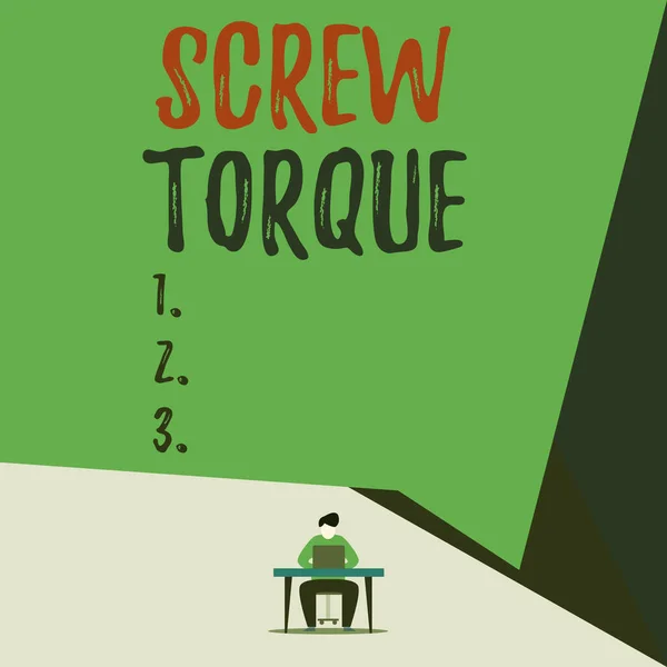 Texto de caligrafia Screw Torque. Conceito que significa medida da força de torção necessária para girar a porca Ver jovem sentado cadeira secretária trabalhando abrir laptop fundo geométrico . — Fotografia de Stock