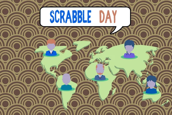 Conceptual hand writing showing Scrabble Day. Business photo showcasing a day to celebrate the popular board game created in 1938 Connection multiethnic persons all Global business earth map. — ストック写真