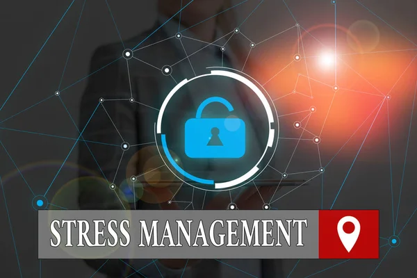 Word writing text Stress Management. Business concept for method of limiting stress and its effects by learning ways Woman wear formal work suit presenting presentation using smart device.
