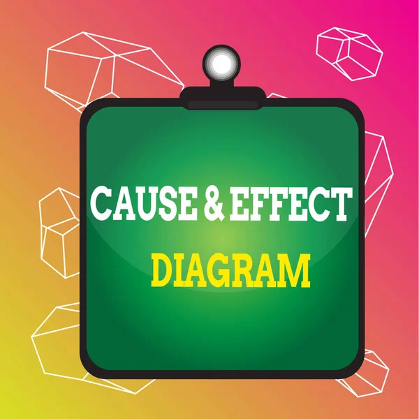 Word writing text Cause And Effect Diagram. Business concept for Visualization tool to categorize potential causes Clipboard colorful background spring clip stuck bind empty plank frame. — Stockfoto