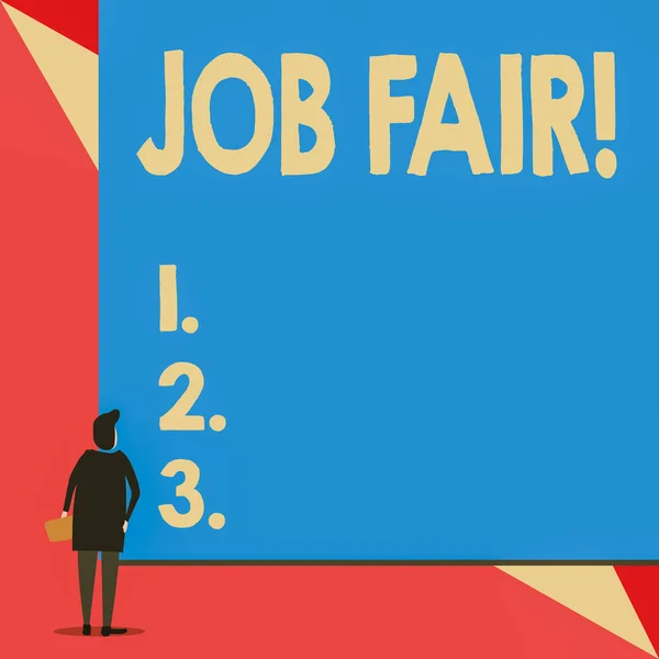 Handwriting text Job Fair. Concept meaning event where employers offer information about their companies Back view young woman watching blank big rectangle. Geometrical background. — 스톡 사진