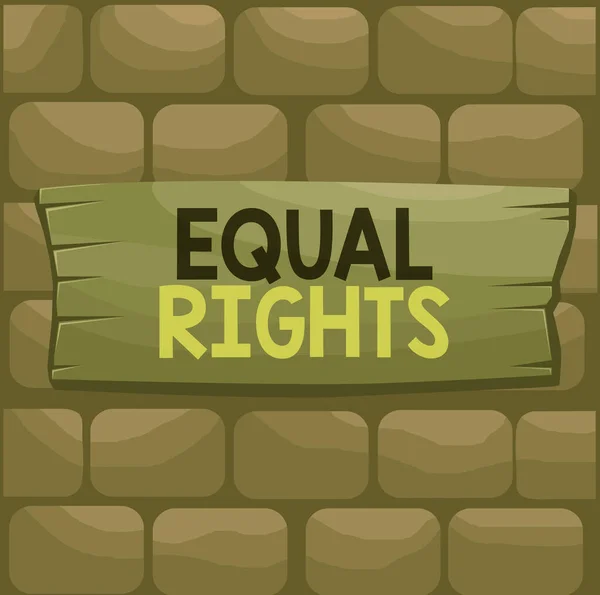 Handwriting text Equal Rights. Concept meaning Equality before the law when all showing have the same rights Plank wooden board blank rectangle shaped wood attached color background. — Stock Photo, Image