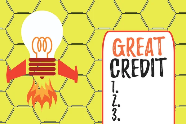 Word writing text Great Credit. Business concept for borrower has high credit score and is a safe credit risk Top view launching bulb rocket fire base. Starting new project. Fuel idea.