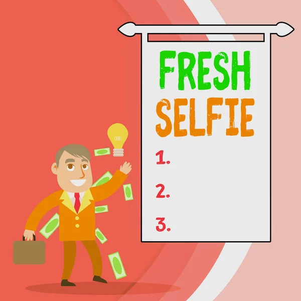 Kézírás üzenet Fresh Selfie. Koncepció jelentése, hogy egy képet magad nélkül smink szűrő vagy szerkesztése Sikeres üzletember vagy Clerk generáló jó ötlet vagy megtalálása megoldás. — Stock Fotó