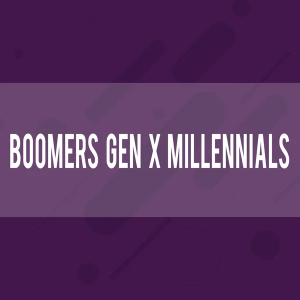 Rukopis psaní textu Boomers Gen X Millennials. Pojem význam obecně považován za asi třicet let Obdélný geometrický tvar úhlu vzor v různých velikostech ve fialové monochromatické. — Stock fotografie