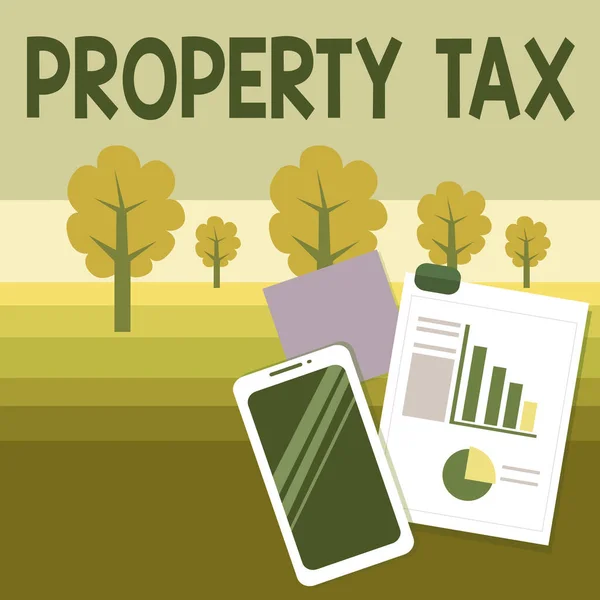 Writing note showing Property Tax. Business photo showcasing an ad valorem tax on the value of a property Millage rate Layout Smartphone Sticky Notes with Pie Chart and Bar Graph.