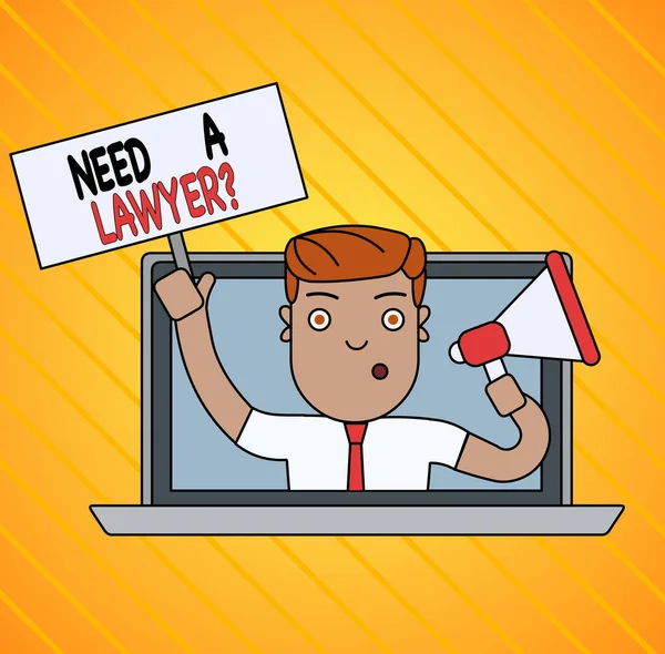 Conceptual hand writing showing Need A Lawyer Question. Business photo showcasing Legal problem Looking for help from an attorney Man Speaking Through Laptop into Megaphone Plate with Handle. — Stock Photo, Image