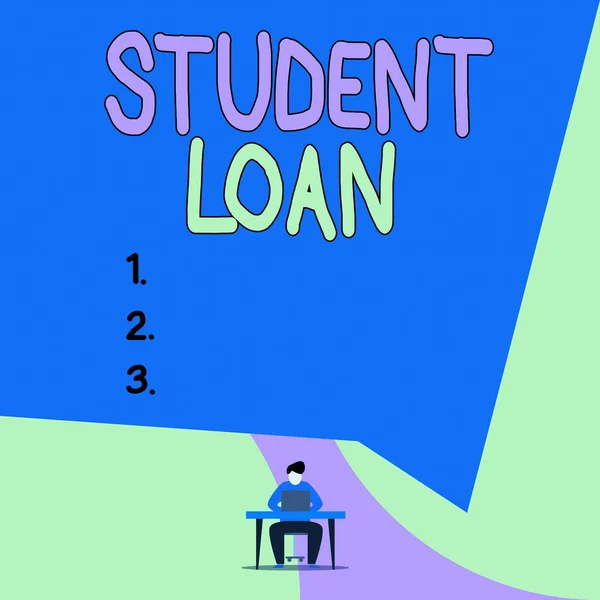 Conceptual hand writing showing Student Loan. Business photo showcasing financial assistance designed to help students pay for school View young man sitting chair desk working open laptop.