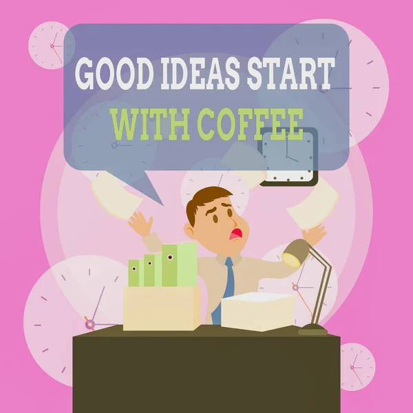 Schreibnotizen, die gute Ideen zeigen, beginnen mit Kaffee. Business-Foto präsentiert Koffein-Liebhaber beginnen Tag damit, mehr männliche Manager überladenen Arbeitsraum Zeitmangel zu tun. — Stockfoto