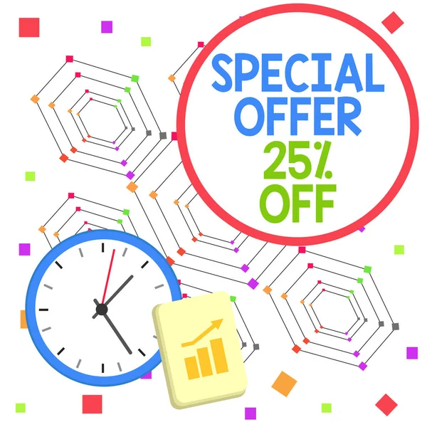 Handwriting text Special Offer 25 Percent Off. Concept meaning Discounts promotion Sales Retail Marketing Offer Layout Wall Clock Notepad with Escalating Bar Graph and Arrow Pointing Up.