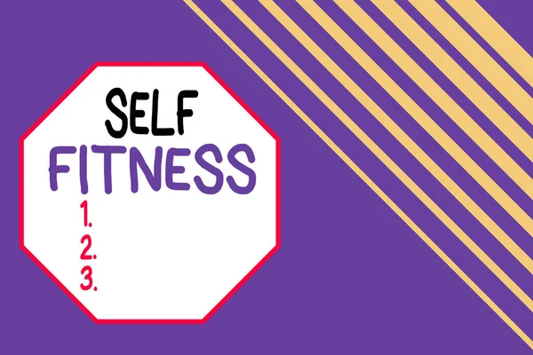 Tekst schrijven Self Fitness. Business concept voor staat van gezondheid en welzijn en de mogelijkheid om naadloze rechthoek achtergrond patroon diagonale strepen rechtsboven uit te voeren. — Stockfoto