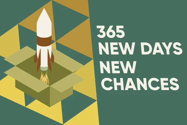 Signe texte montrant 365 New Days New Chances. Photo conceptuelle Commencer une autre année Calendrier Opportunités Feu lancement fusée boîte en carton. Démarrage du projet. Inspiration de carburant . — Photo