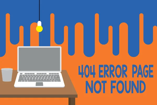 Текст 404 Error Page не знайдено. Бізнес-концепція Webpage on Server була видалена або переміщена фронтальний перегляд відкритого ноутбука лежить на дерев'яному стільниці лампочка падаючого скла. — стокове фото