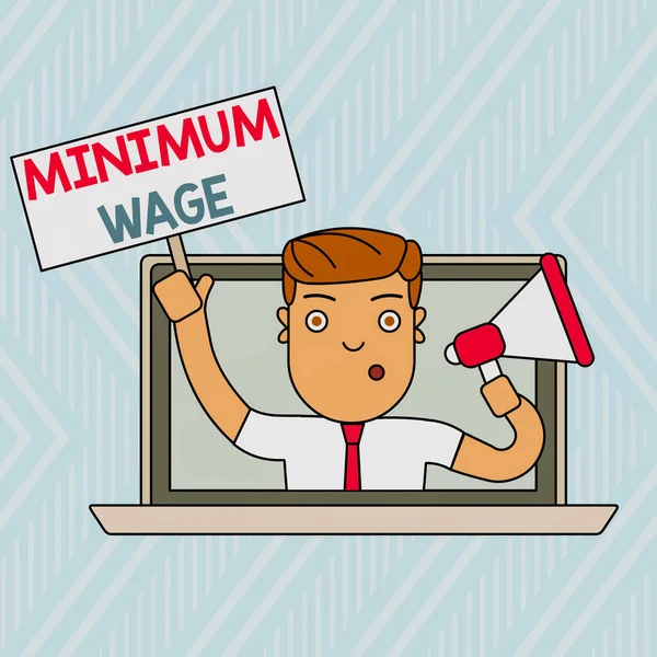 Word writing text Minimum Wage. Business concept for the lowest wage permitted by law or by a special agreement Man Speaking Through Laptop Screen into Megaphone Blank Plate with Handle.