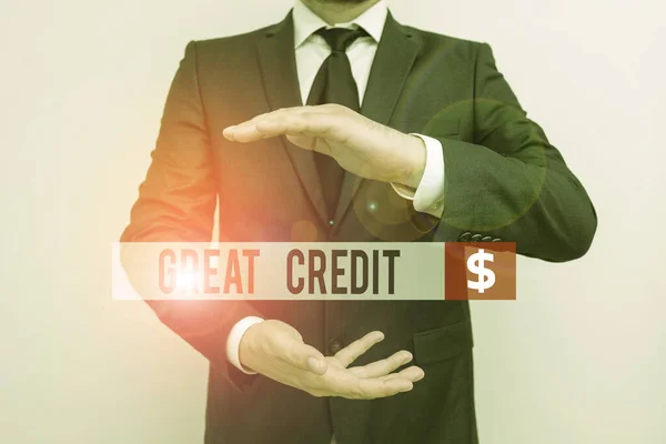 Znak tekstowy pokazujący wielki kredyt. Pojęcie kredytobiorca ma wysoki wynik kredytowy i jest bezpieczne ryzyko kredytowe. — Zdjęcie stockowe