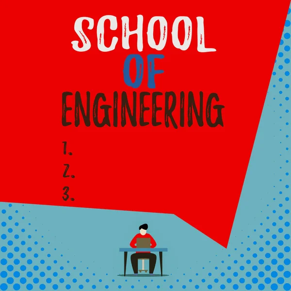 기술 학교를 보여 주는 문자 표지판. 기계 통신 과목을 공부하기 위한 개념 사진 대학보기 젊은 남자 의자 책상 개방 노트북 기하학적 배경 작업. — 스톡 사진