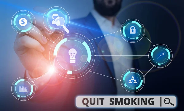 Word writing text Quit Smoking. Business concept for process of discontinuing tobacco smoking or cessation Male human wear formal work suit presenting presentation using smart device. — Stock Photo, Image