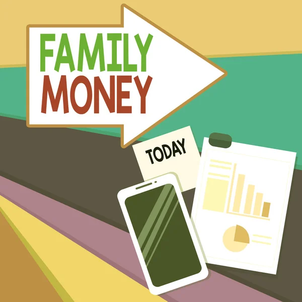 Handwriting text writing Family Money. Concept meaning the inherited wealth of established upperclass families Layout Smartphone Off Sticky Notes Clipboard with Pie Chart and Bar Graph. — 图库照片