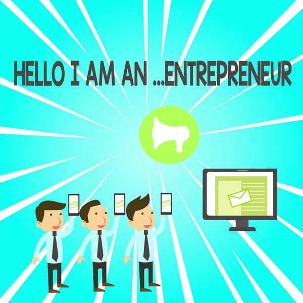 Handwriting text Hello I Am An Entrepreneur. Concept meaning demonstrating who sets up a business or startups SMS Email Marketing Media Audience Attraction Personal Computer Loudspeaker. — 图库照片