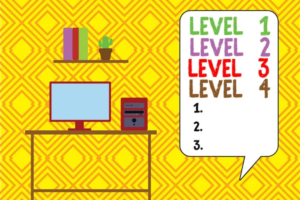 Writing note showing Level 1, 2, 3 and 4. Business photo showcasing Steps levels of a process work flow Desktop computer with wooden table shelf books flower pot. — Stok fotoğraf