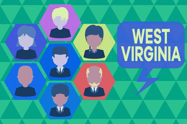 Een handschrift dat West Virginia schrijft. Concept betekent Verenigde Staten van Amerika State Travel Tourism Trip Historical Pictures frames chief executive en personeel. Structuur van de organisatie. — Stockfoto