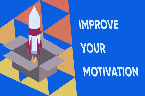 Text sign showing Improve Your Motivation. Conceptual photo Boost your self drive Enhance Motives and Goals Fire launching rocket carton box. Starting up project. Fuel inspiration. — Stock Photo, Image