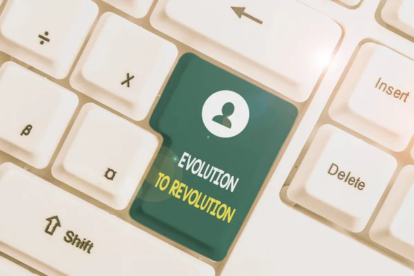 Text sign showing Evolution To Revolution. Conceptual photo adapting to way of living for creatures and huanalysiss White pc keyboard with empty note paper above white background key copy space.