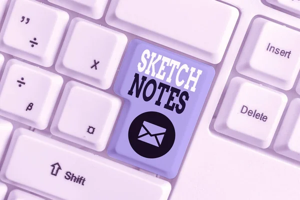 Conceptual hand writing showing Sketch Notes. Business photo showcasing visual notetaking Combination of notetaking and doodling White pc keyboard with note paper above the white background. — Stock Photo, Image