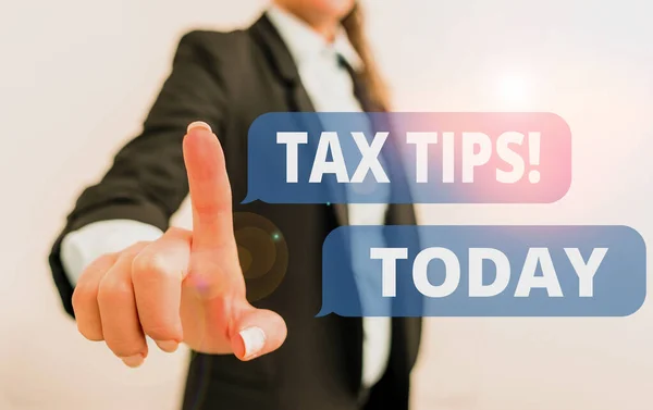 Text sign showing Tax Tips. Conceptual photo compulsory contribution to state revenue levied by government Digital business in black suite concept with business woman. — Stock Photo, Image