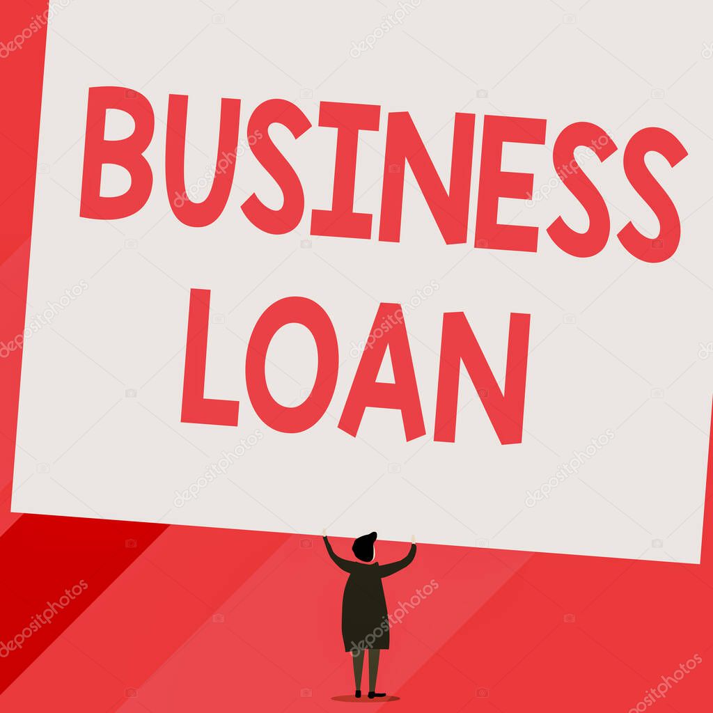 Conceptual hand writing showing Business Loan. Business photo showcasing Credit Mortgage Financial Assistance Cash Advances Debt Short hair woman dress hands up holding blank rectangle.