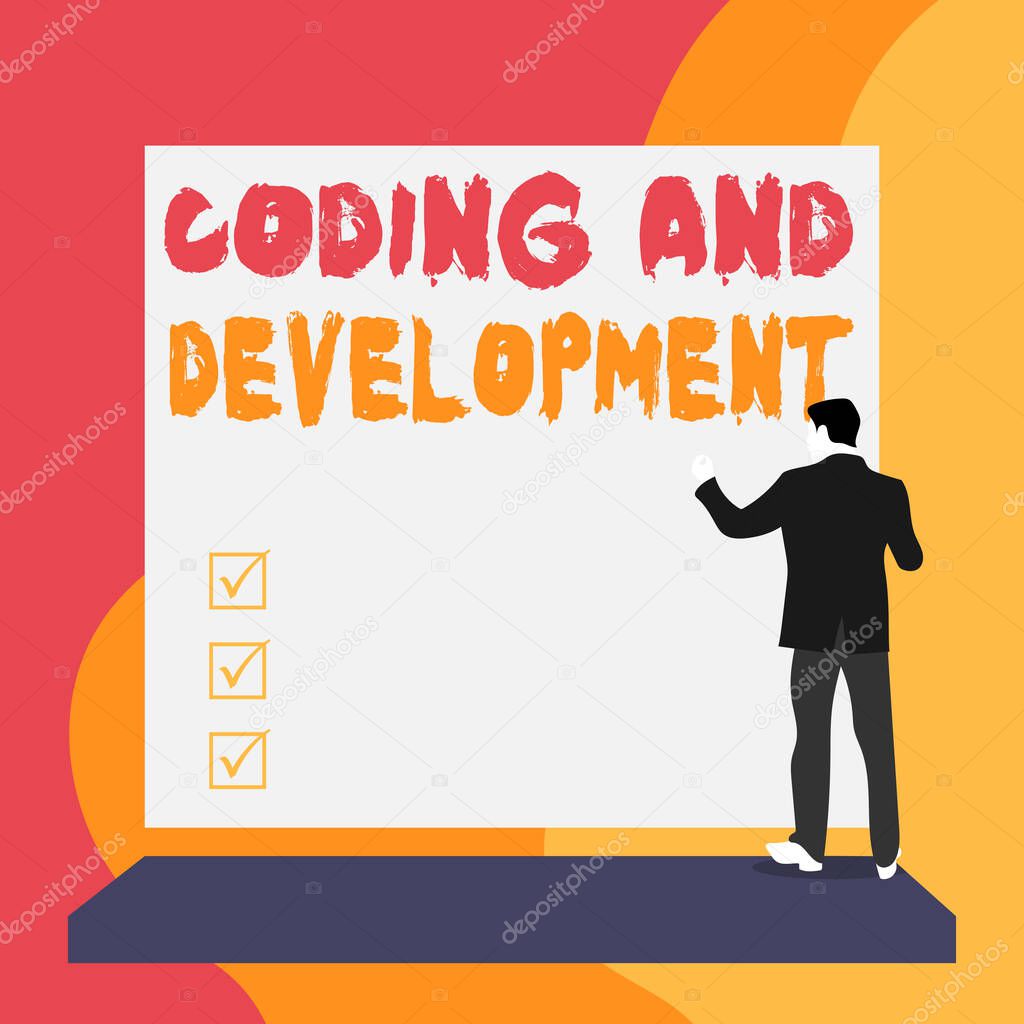 Conceptual hand writing showing Coding And Development. Business photo text Programming Building simple assembly Programs Back view young woman watching blank big rectangle.