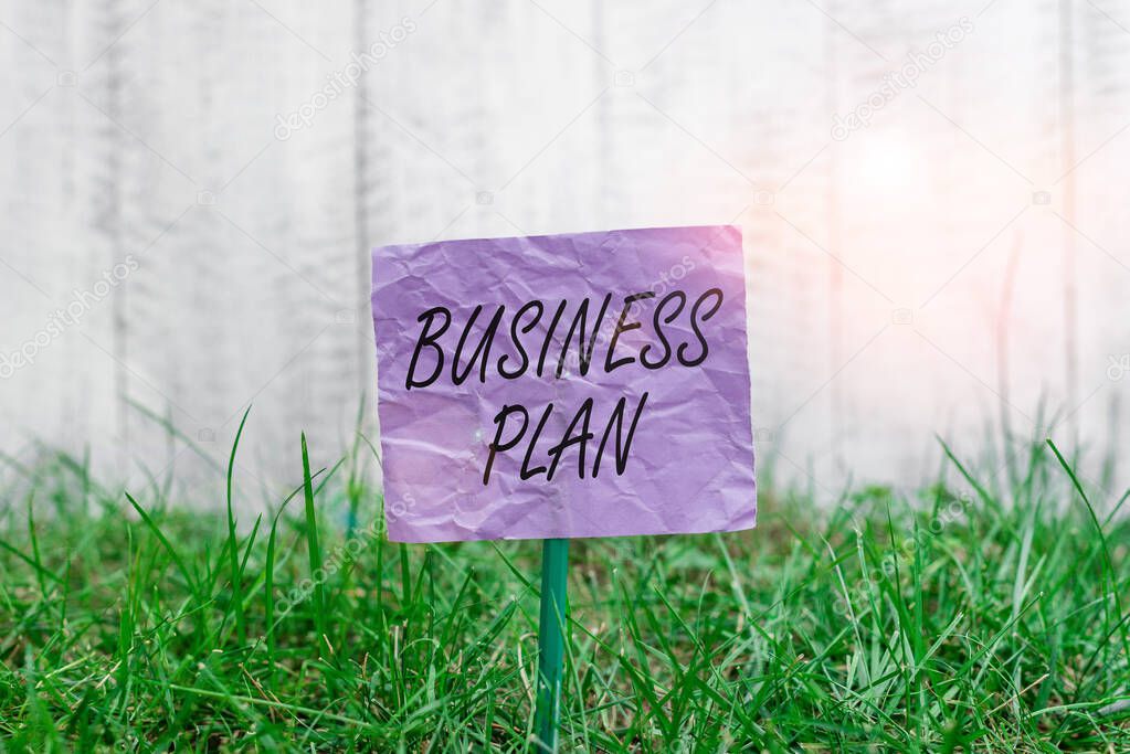 Conceptual hand writing showing Business Plan. Business photo text Structural Strategy Goals and Objectives Financial Projections Plain paper attached to stick and placed in the grassy land.