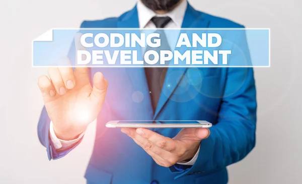 Texto manuscrito Codificación y desarrollo. Concepto significado Programación Construcción simple montaje Programas Empresario con el dedo en la punta delante de él . — Foto de Stock