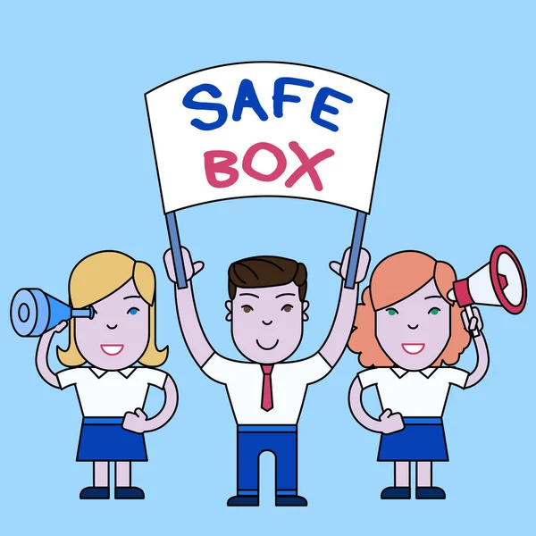 Konceptualne pismo pokazujące "Safe Box". Biznes zdjęcie tekst Mała struktura, gdzie można zachować ważne lub cenne rzeczy Ludzie z sztandarem, Megafon i Szkło Szpieg Demonstracja. — Zdjęcie stockowe