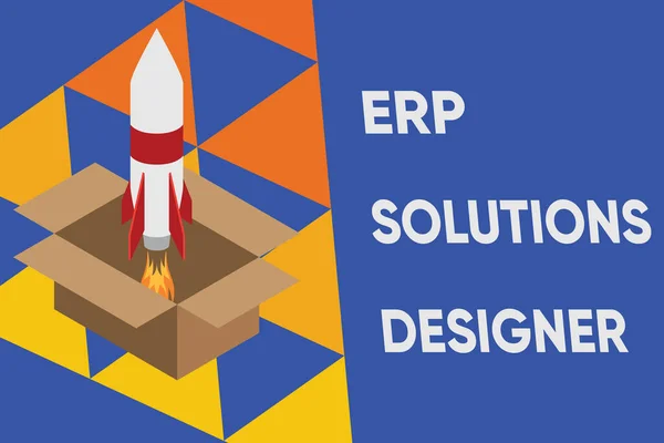 Textskylt med Erp Solutions Designer. Konceptuell foto elegant optimerad modulariserad och återanvändbar möjlig Fire sjösättning raket kartong låda. Startar ett projekt. Bränsleinspiration. — Stockfoto