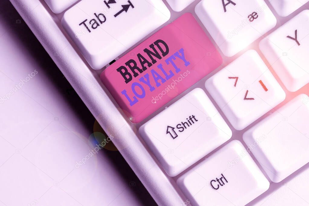 Word writing text Brand Loyalty. Business concept for Repeat Purchase Ambassador Patronage Favorite Trusted White pc keyboard with empty note paper above white background key copy space.