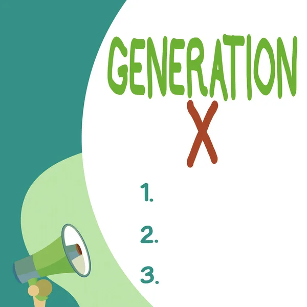 Conceptual hand writing showing Generation X. Business photo text the generation that born after that of the baby boomers Blank huge balloon empty text with small megaphone. Announcement. — Stock Photo, Image