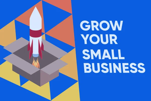 Sms 'je met Grow Your Small Business erop. Conceptuele fotobedrijf genereert positieve cashflow Earn Fire lanceren raket kartonnen doos. Start project. Brandstofinspiratie. — Stockfoto
