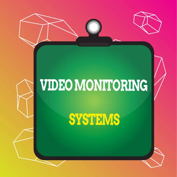 Word writing text Video Monitoring Systems. Business concept for Surveillance Transmit capture Image to Digital Link Clipboard colorful background spring clip stuck bind empty plank frame. — Stock Photo, Image