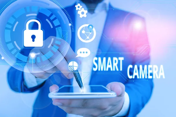 Handwriting text Smart Camera. Concept meaning individual image processing systems designed to automate Male human wear formal work suit presenting presentation using smart device. — Stock Photo, Image