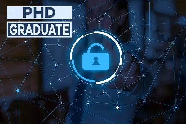 Handwriting text Phd Graduate. Concept meaning highest university degree that is conferred after a course Woman wear formal work suit presenting presentation using smart device.