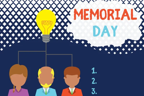 Conceptual hand writing showing Memorial Day. Business photo text remembering the military demonstratingnel who died in service Three executive persons sharing idea Startup team meeting.