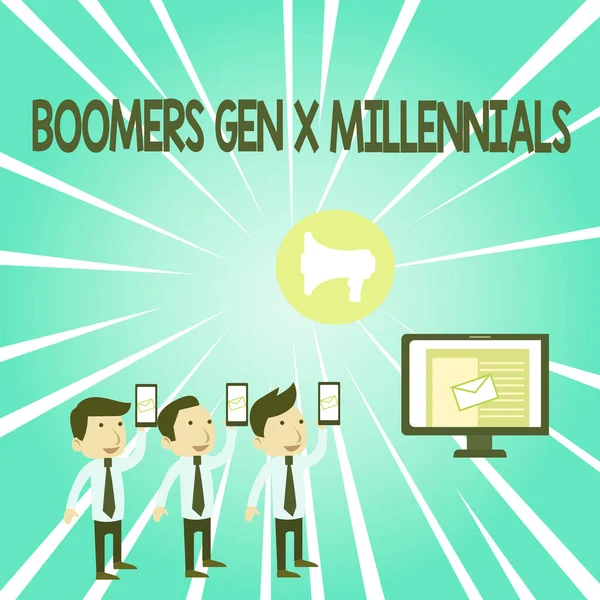 Texto de escritura a mano Boomers Gen X Millennials. Concepto significado generalmente considerado para ser cerca de treinta años SMS Email Marketing Media Audiencia Atracción Ordenador Personal Altavoz . — Foto de Stock