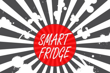 Akıllı Buzdolabı 'nı gösteren kavramsal el yazısı. Soyut geometrik derin tasarım derinliği ve lekeleri simüle eden ne tür ürünlerin depolandığını algılamaya programlanmış iş fotoğrafı gösterimi.