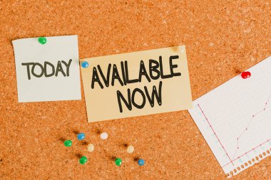 Şimdi kullanılabilir durumda olan el yazısı metinleri. Kavram, Handy Elenebilir Bugün Bekar Burada Tahtada Erişilebilir Mantar Tahta Renk Boyutu Kağıt raptiye raptiye etiketi ilan panosunda.