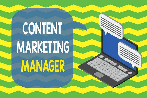 Word Writing Text Content Marketing Manager. Business-Konzept für wer ist verantwortlich für das Schreiben von Beiträgen und Slogan Laptop empfangen Senden von Informationen Gespräch SMS-Internet-Wireless. — Stockfoto