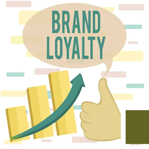 Writing note showing Brand Loyalty. Business photo showcasing Repeat Purchase Ambassador Patronage Favorite Trusted Thumb Up Good Performance Success Escalating Bar Graph Ascending Arrow.