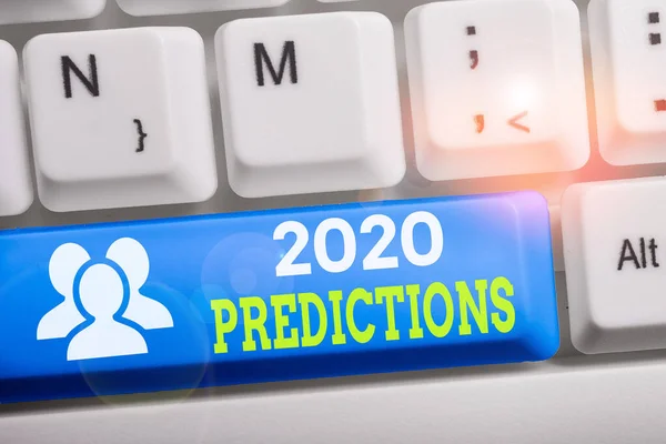 Conceptual hand writing showing 2020 Predictions. Business photo text statement about what you think will happen in 2020 Keyboard with note paper on white background key copy space. — 스톡 사진